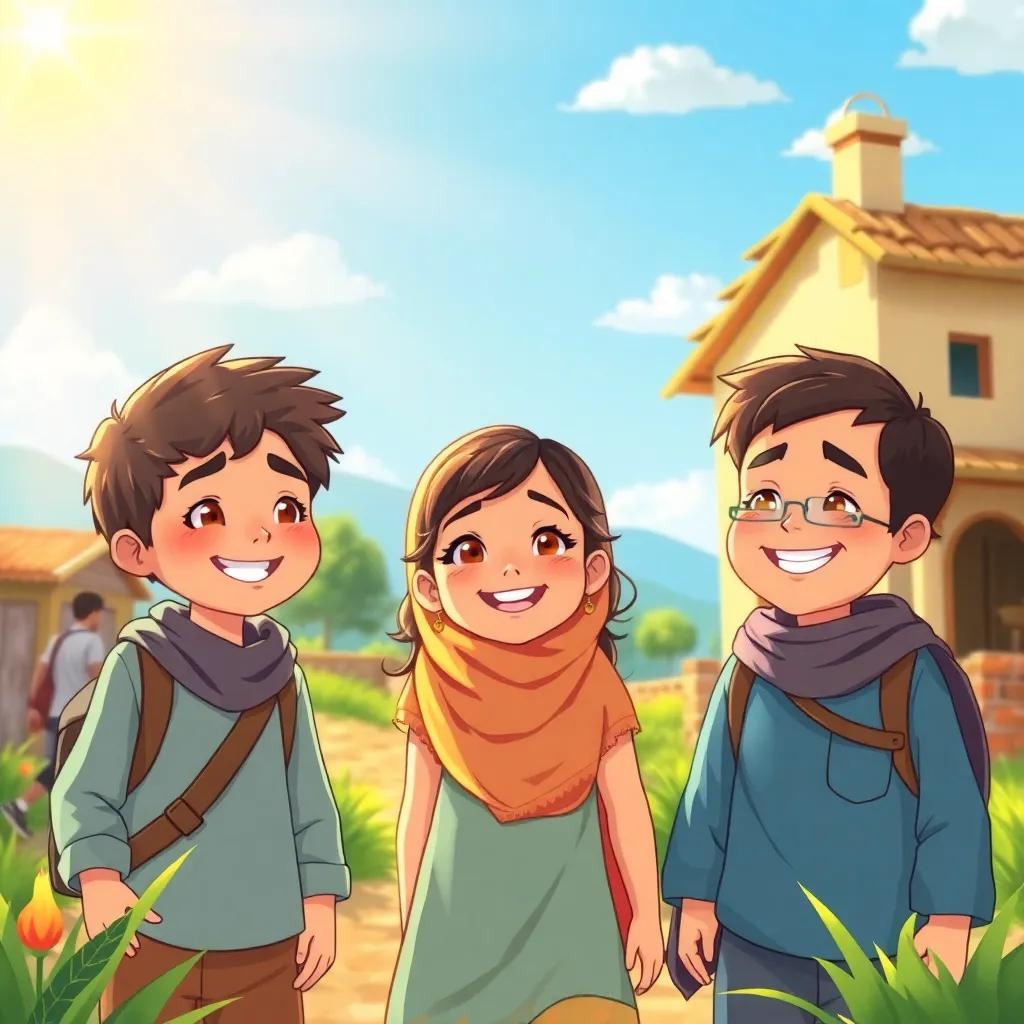 A sunny village scene with three children, Sami, Lina, and Abdulmalik, smiling and planning to go on an adventure together, illustration, cheerful, vibrant colors, warm light, inviting atmosphere, high quality