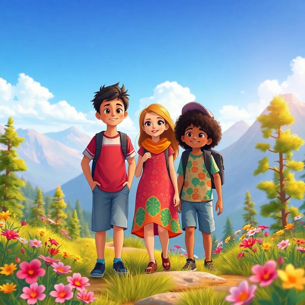 An adventure scene at the mountains with three friends, Sami, a young Arab boy with short black hair wearing a t-shirt and shorts, Lina, a young Arab girl with long hair wearing a colorful dress, and Abdulmalik, a young Arab boy with curly hair wearing a cap, surrounded by colorful flowers and trees, illustration, bright colors, uplifting atmosphere, high quality
