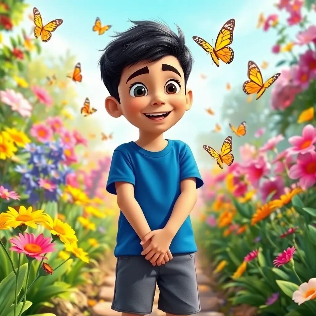 A young Arab boy, Sami, with short black hair, wearing a blue T-shirt and shorts, smiling and looking excited, standing in a vibrant garden with colorful flowers and butterflies flying around, digital art, cheerful atmosphere, bright colors, high quality