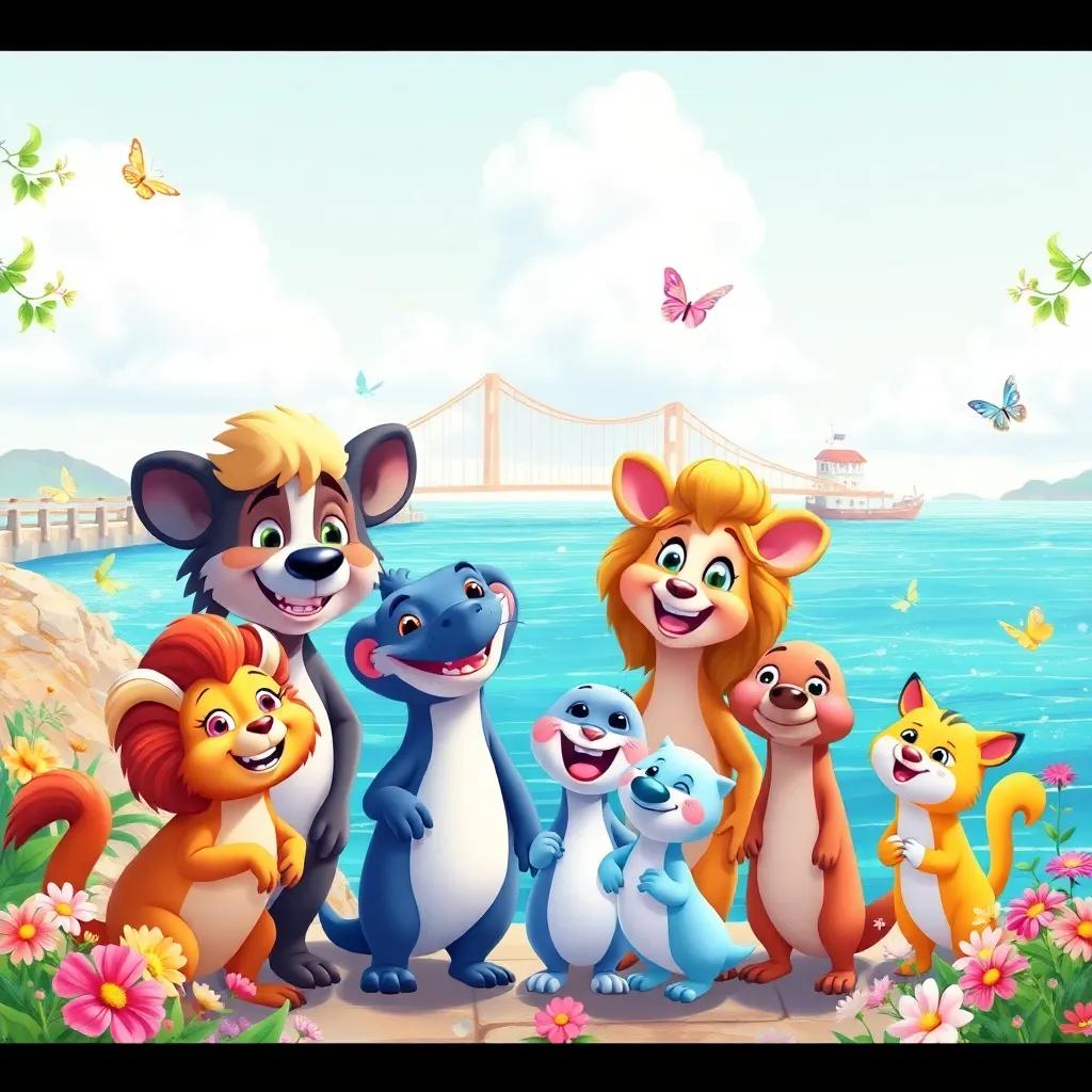 A joyful group of friends and their talking animals near the sea bridge, with colorful flowers and butterflies, showcasing friendship and fun, illustration, playful, bright and colorful, high quality