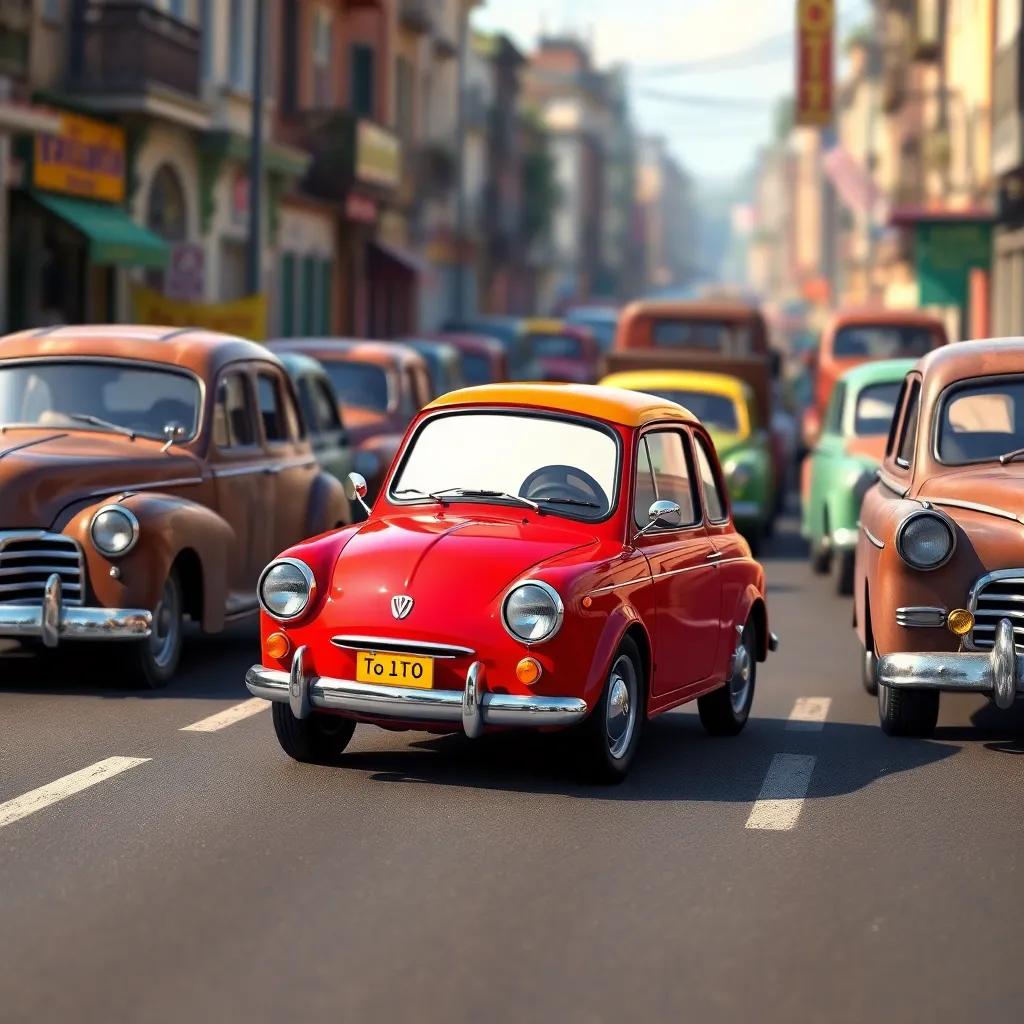 A small, new car named Toto, colorful and shiny, driving on a busy street, surrounded by older, rusty cars, vibrant scene, cheerful atmosphere, high quality