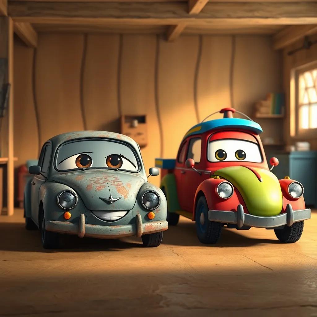 An old car named Zainab, with faded paint and a loving smile, sitting with a colorful new car named Toto, in a cozy garage, warm light, heartwarming, storytelling view, high quality