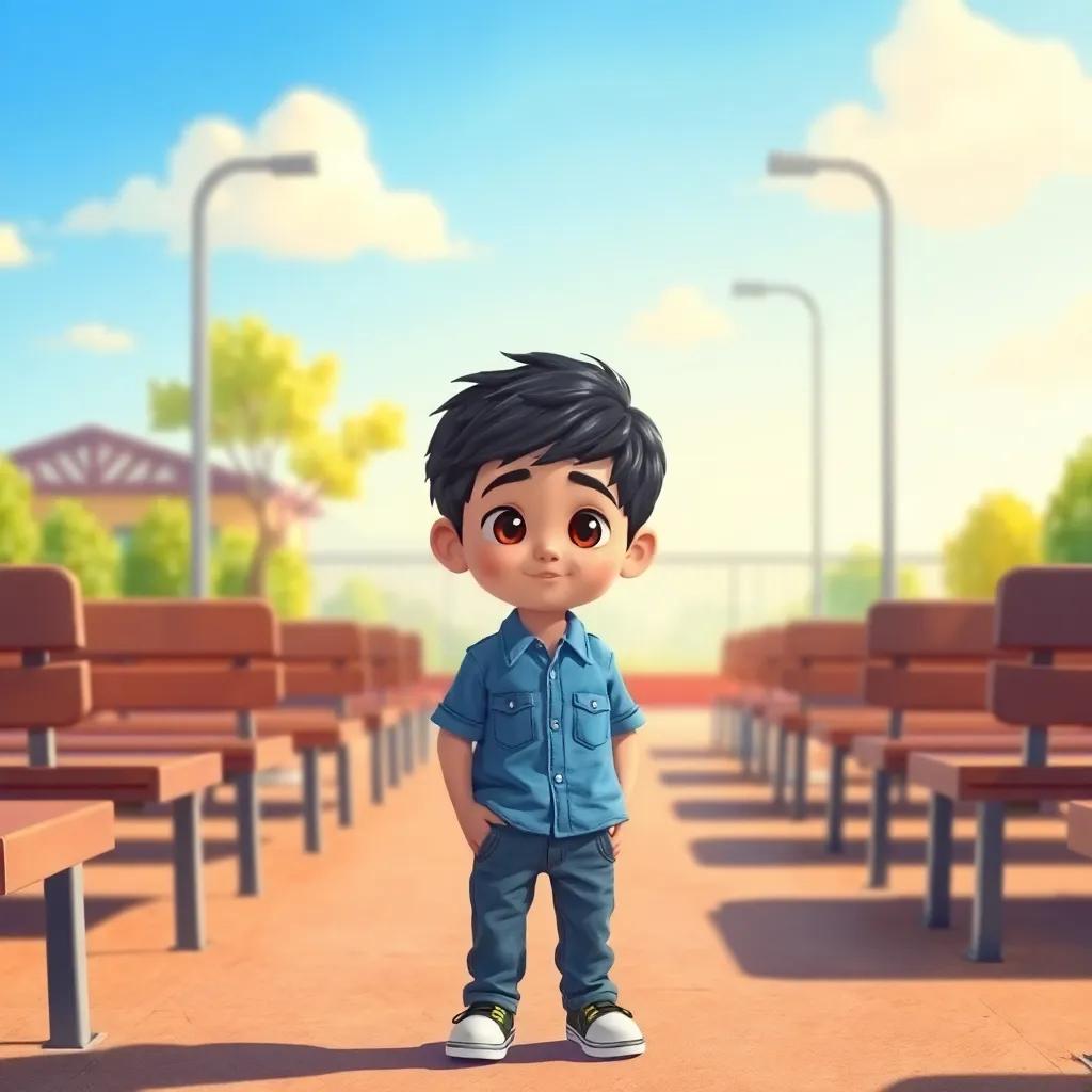 A young boy, Fahd, with short black hair, wearing a blue shirt and jeans, standing in a school playground looking shy but curious, surrounded by empty benches and a bright sunny sky, illustration, cheerful, inviting atmosphere, medium quality