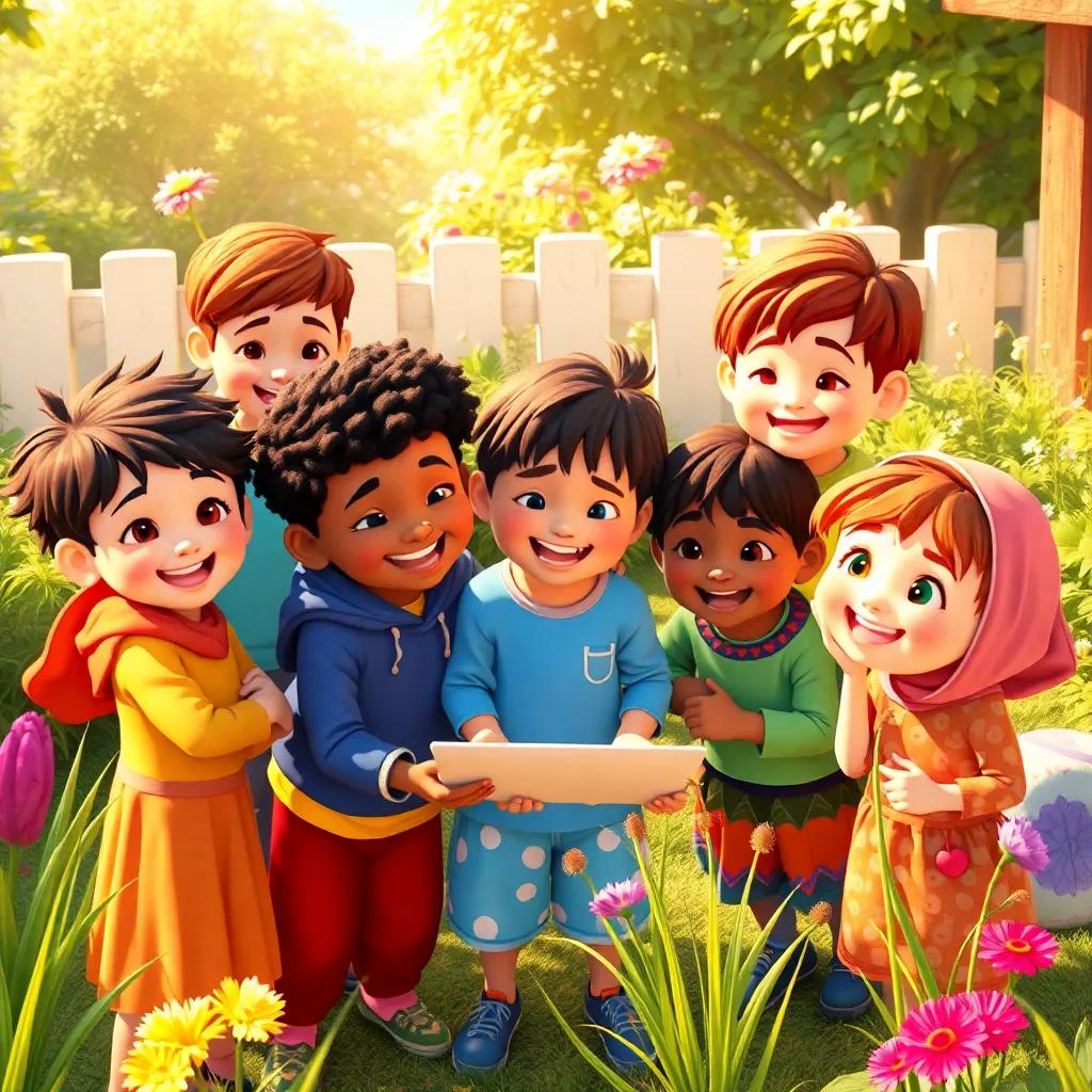 A group of cheerful children in a small garden, planning together with excitement, diverse ethnicity, wearing colorful clothes, warm sunlight, lively colors, friendly atmosphere, high quality