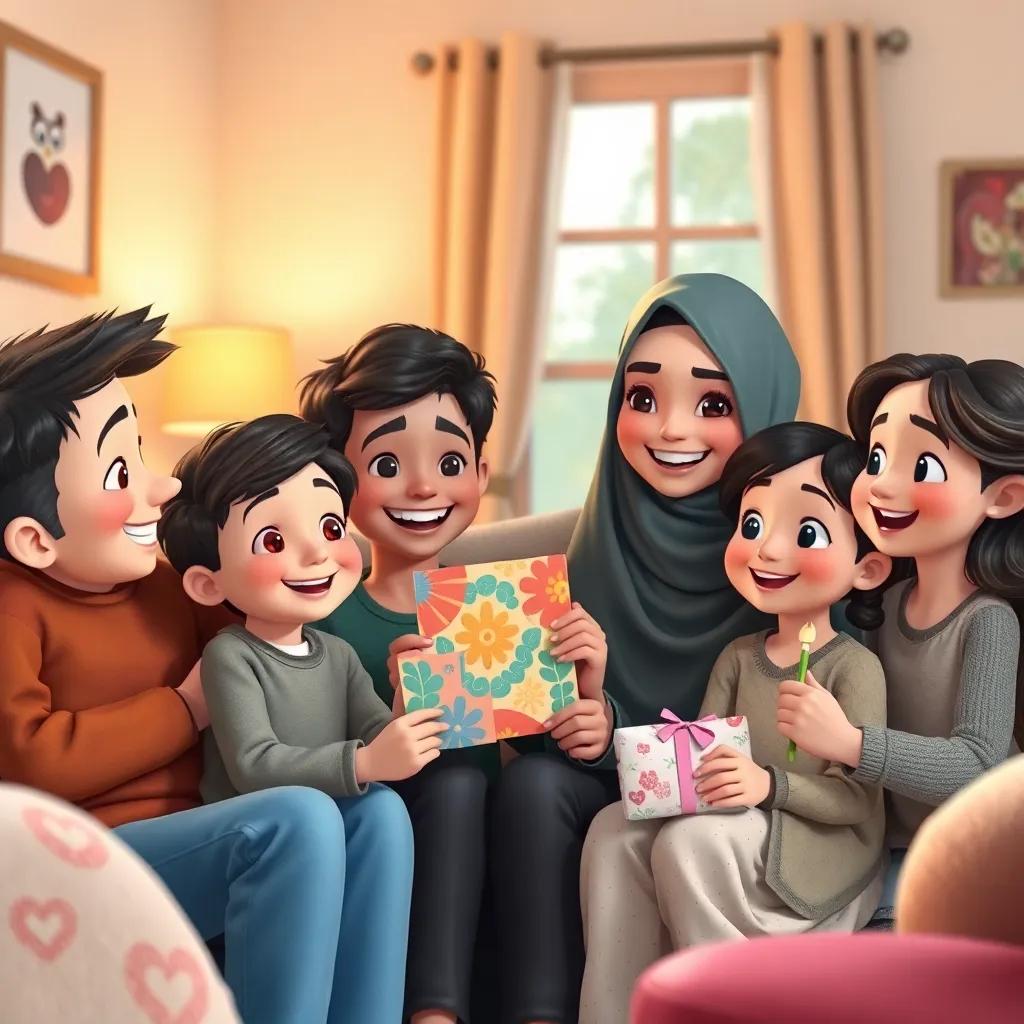A group of children visiting their friend Meryem at home, with Ahmed and Leila smiling, presenting a colorful card and a gift, soft light, cozy room, happy expressions, heartwarming scene, high quality