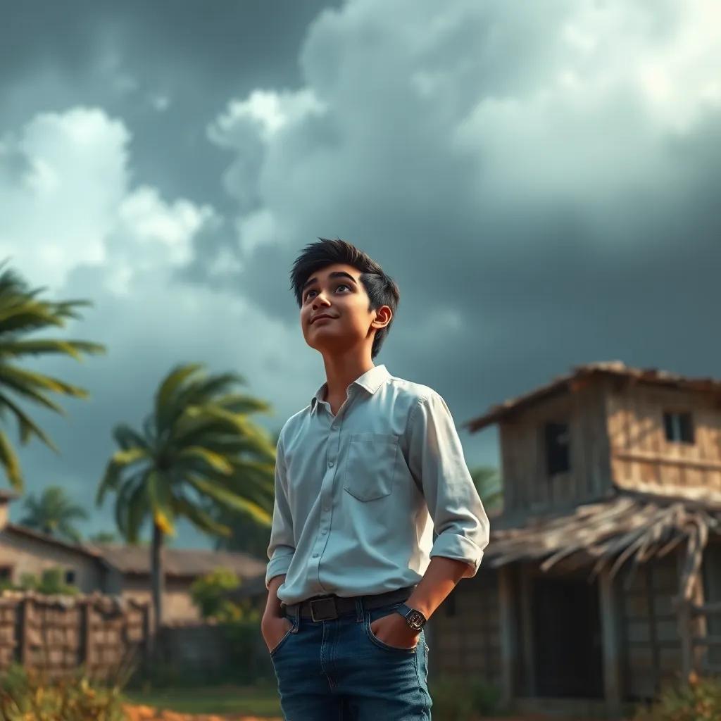 A young Arab man, Adel, with short dark hair wearing a simple white shirt and jeans, looking at the stormy sky with concern, in a village setting with trees swaying in the wind, digital art, vivid colors, dramatic atmosphere, high quality