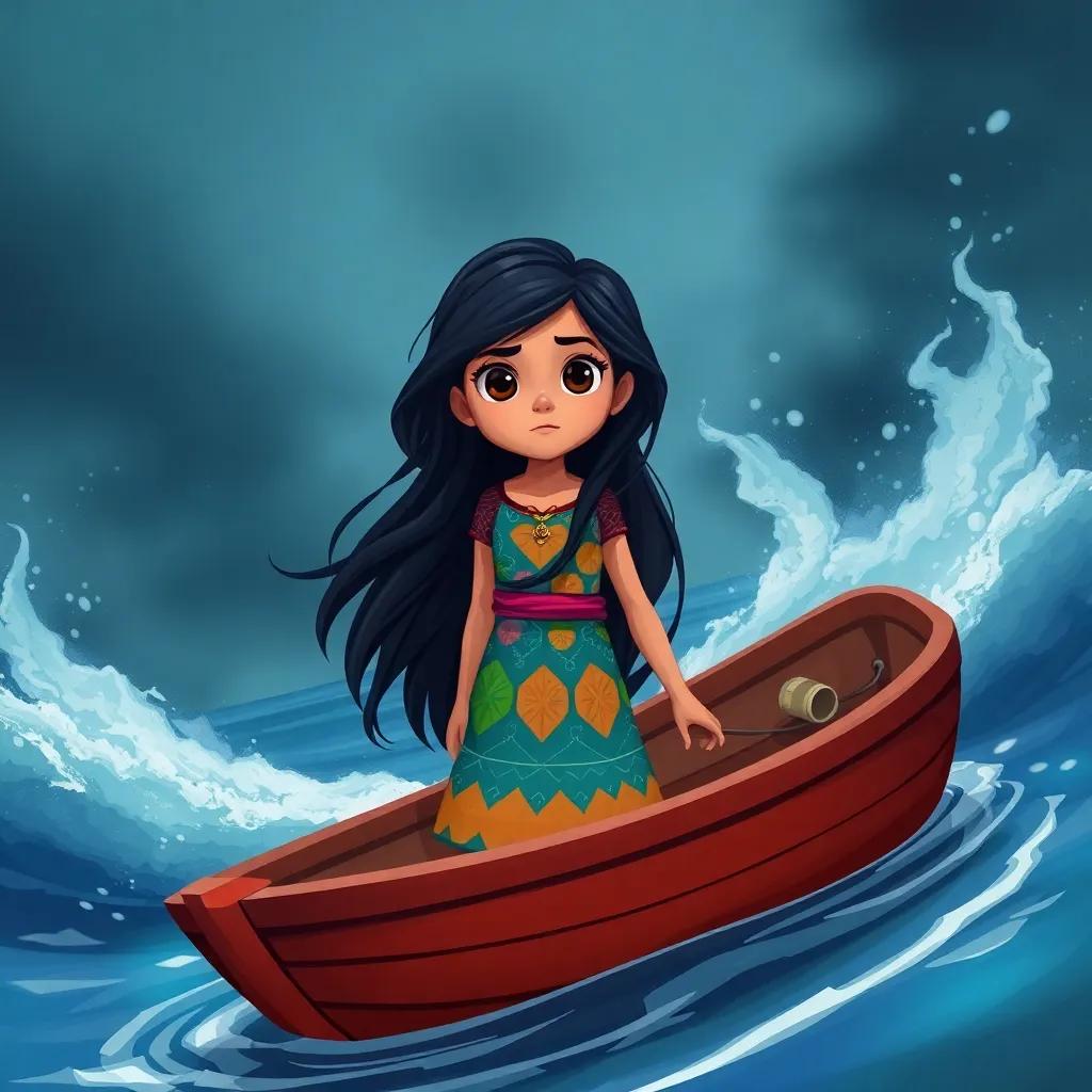 A young Arab girl, Leila, with long black hair wearing a colorful dress, standing on a small boat in the river, looking determined as the storm rages around her, illustration, vibrant colors, adventurous spirit, high quality