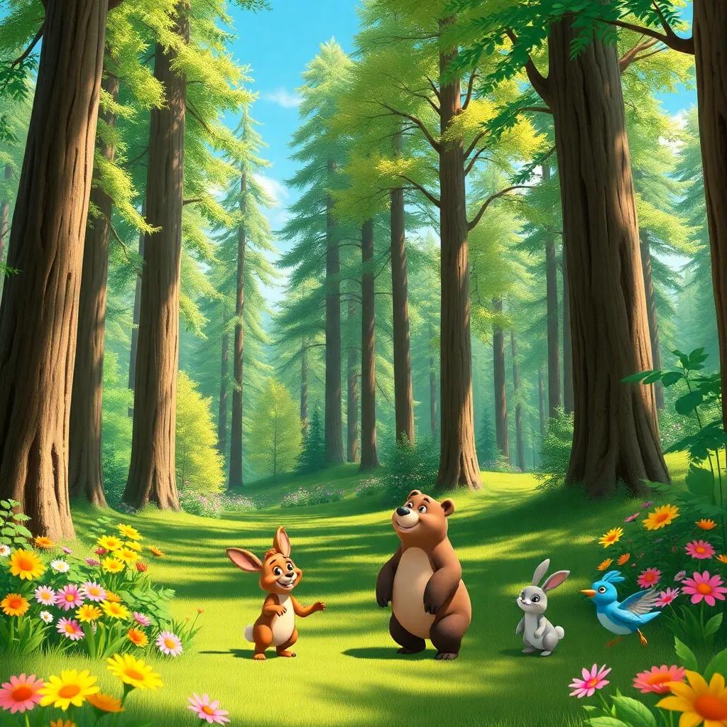 A sunny forest with tall trees and colorful flowers, featuring three animals playing: a bear, a rabbit, and a bluebird, cheerful atmosphere, digital art, bright colors, fun scene, high quality
