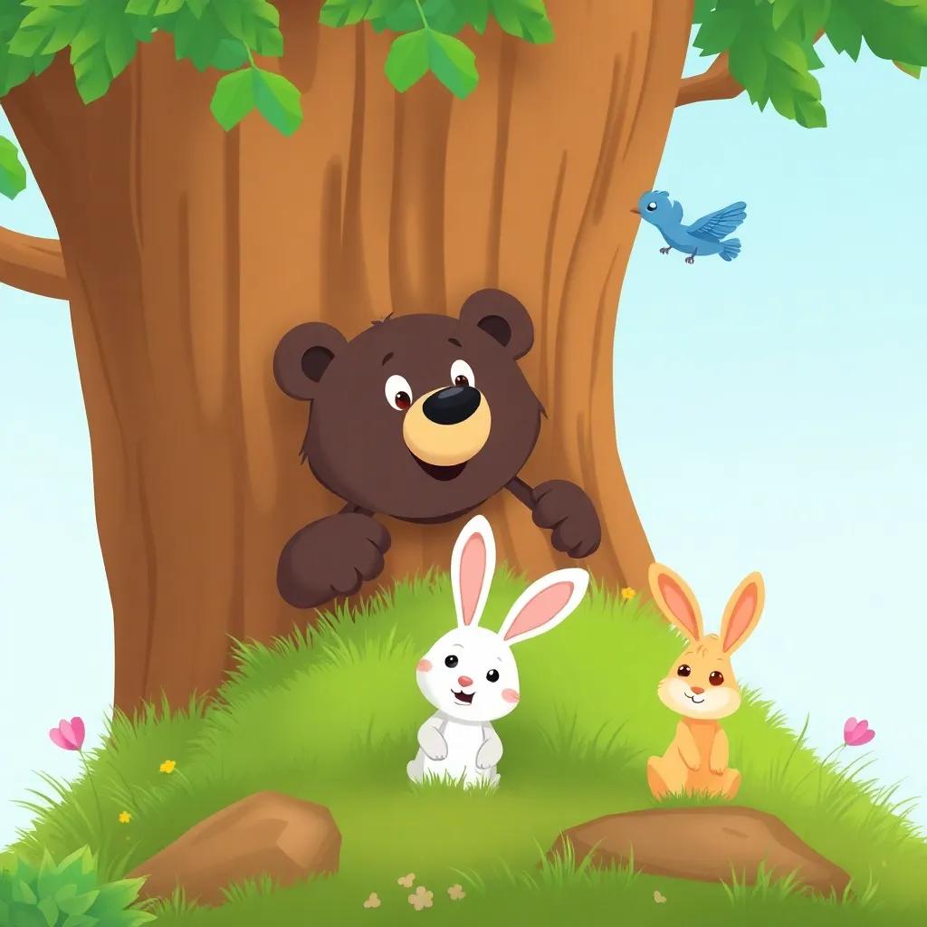 A bear looking behind a big tree, playfully searching for a rabbit who is hiding, with a bluebird flying above cheerfully, vibrant and lively, child-friendly illustration, high quality