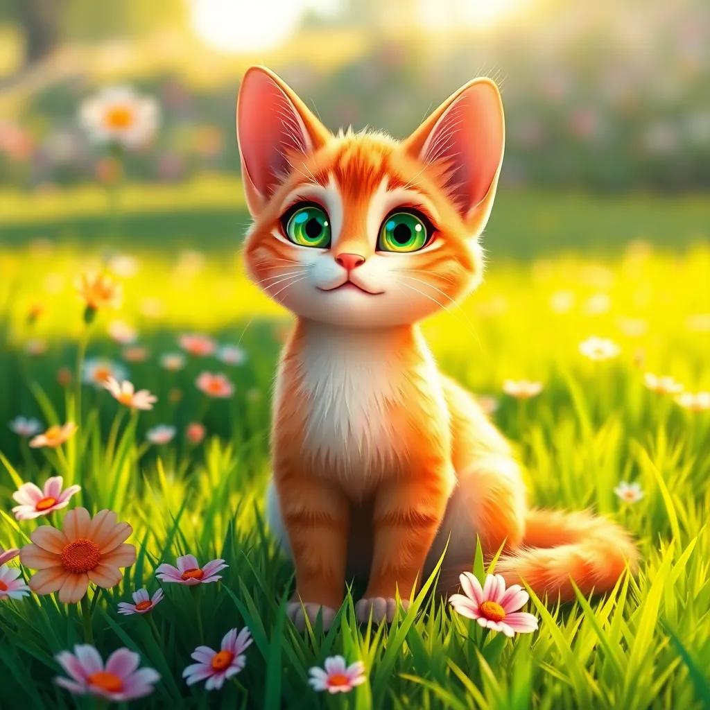 A beautiful cat named Mia, sitting on a sunny grassy field, she has bright fur and sparkling green eyes, surrounded by flowers, digital art, vibrant colors, cheerful atmosphere, high quality