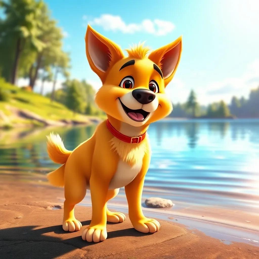 A cheerful dog named Reese, standing with a playful stance at the edge of a lake, his fur is golden and shines in the sunlight, joyful expression, digital illustration, bright colors, engaging scenery, high quality