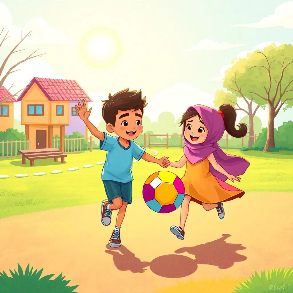 A sunny playground with children playing together happily. Two main characters, Ahmed and Zainab, are kicking a colorful ball, digital art, bright colors, joyful atmosphere, high quality