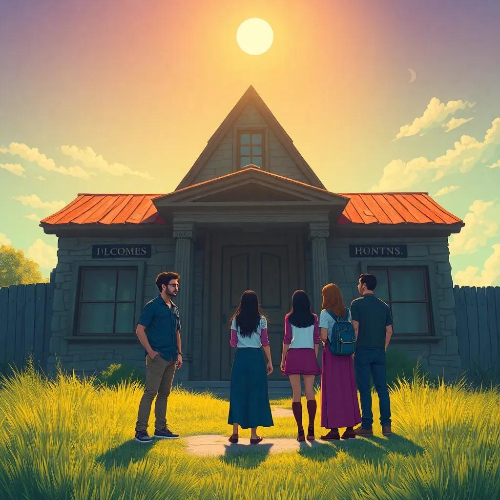 A group of friends, Sami, Leila, Marium, and Waleed, standing outside an old haunted house, with a big wooden door and cracked windows under a sunny sky, digital art, cheerful but mysterious atmosphere, colorful, inviting perspective, high quality