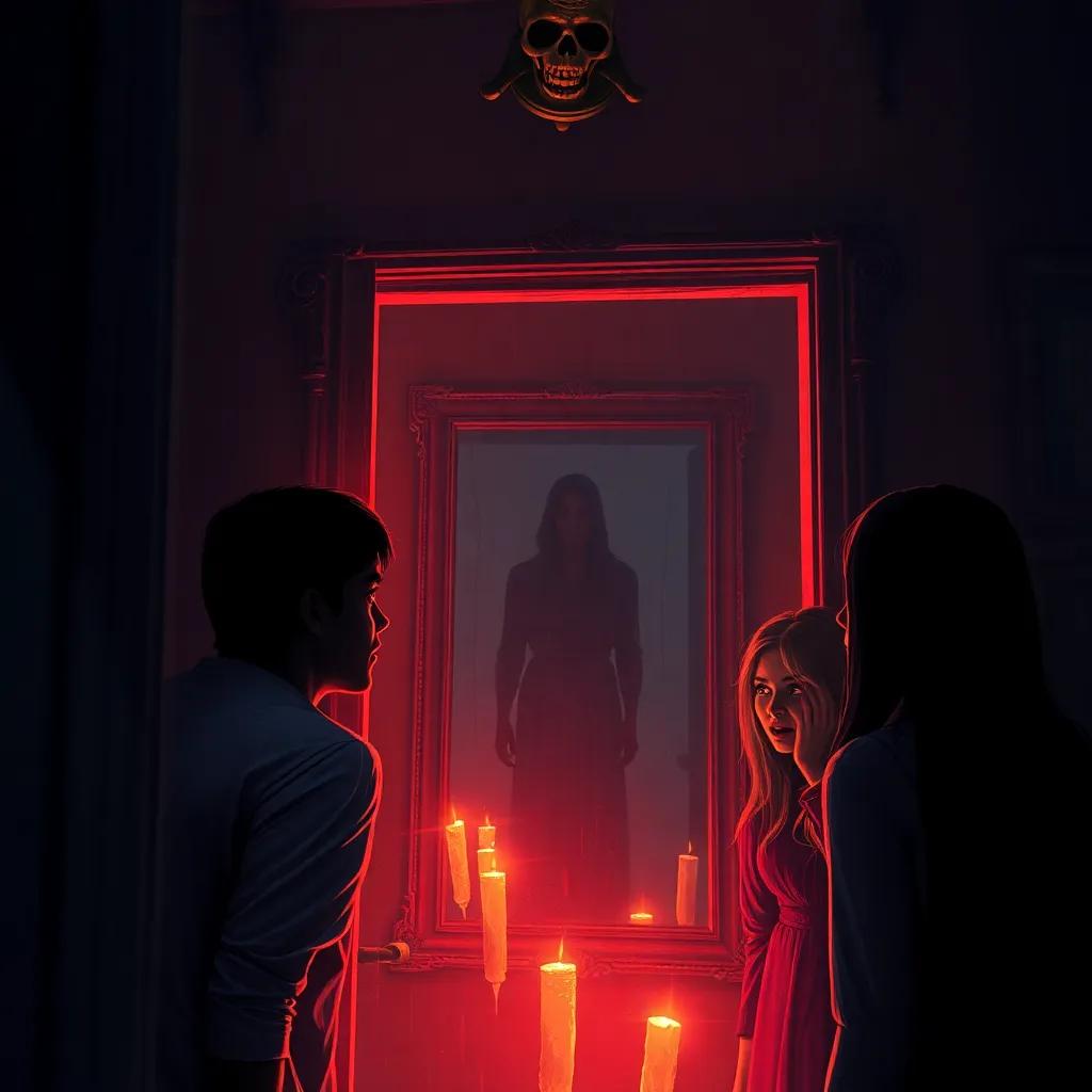The interior of the haunted house with flickering lights, showing the friends looking scared and surprised, reflections in a spooky mirror with shadows, digital painting, dark and eerie light, emphasizing the mystery, high quality