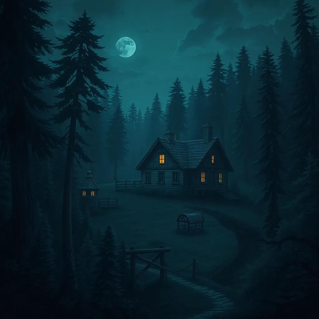 A small village surrounded by dense forests, with an old abandoned house shrouded in mystery, night setting, eerie atmosphere, detailed illustration, dark colors, a sense of adventure, fantasy