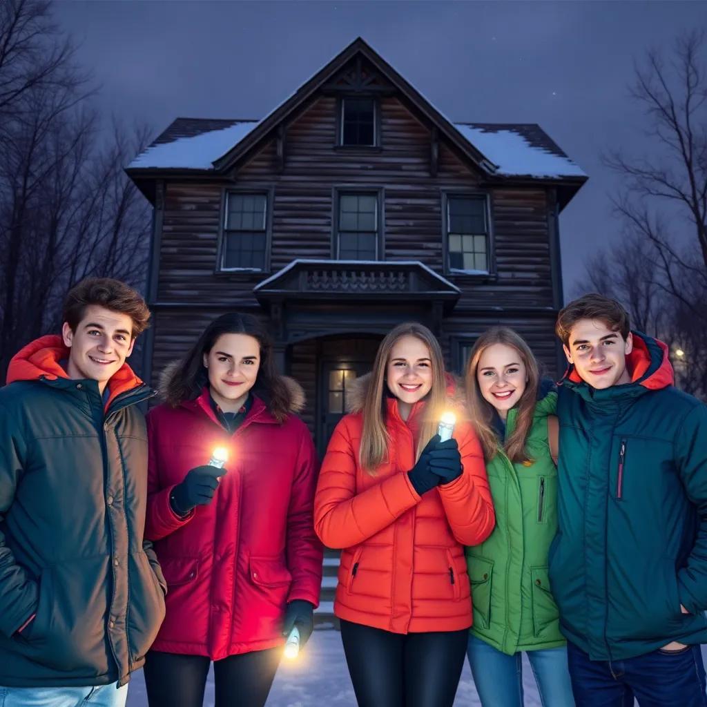 Four friends, standing in front of the old abandoned house with determined expressions, wearing winter jackets and holding flashlights, chilly night, atmospheric lighting, vibrant colors, community spirit, excitement, adventure