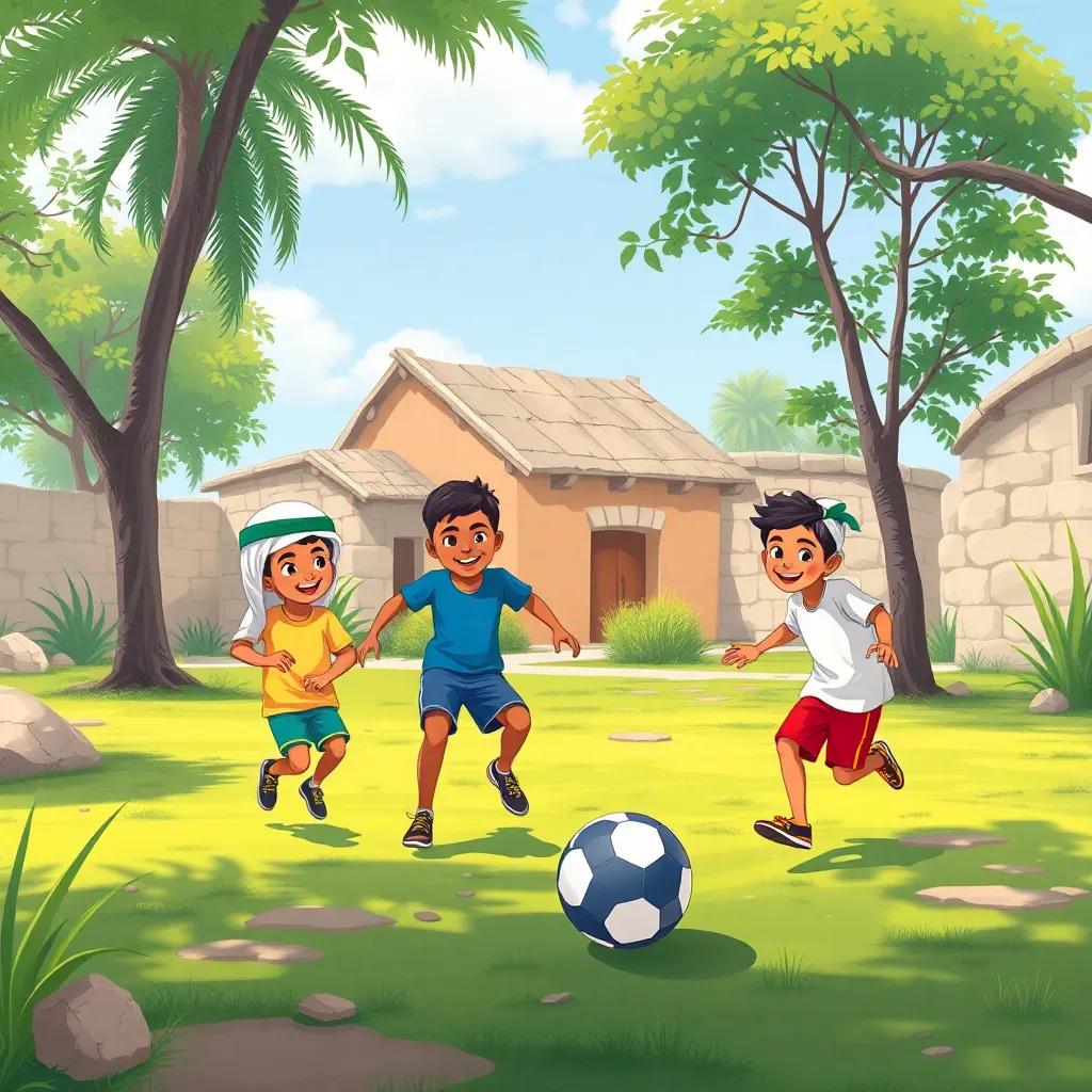 A small village scene, depicting five UAE boys playing football in a park, joyful atmosphere, bright colors, digital art, cheerful children's illustration, high quality
