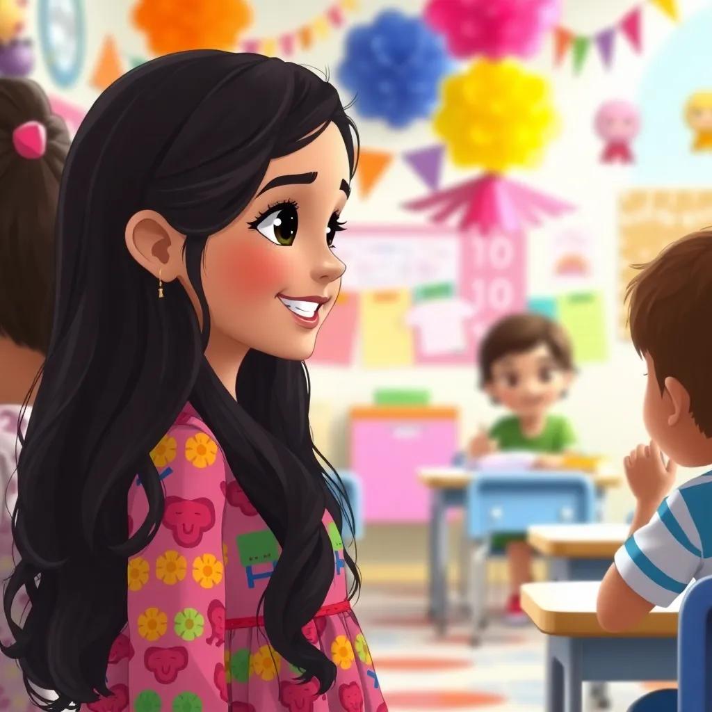 A young Arab girl, Leila, with long, dark hair, wearing a colorful dress, smiling and talking to new friends in a lively classroom with colorful decorations, cheerful and welcoming environment, illustration, vibrant colors, heartwarming scene, high quality