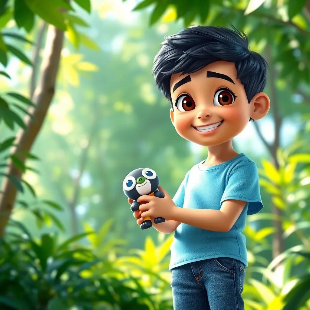 A young Arab boy, Ali, with short black hair wearing a light blue t-shirt and jeans, standing in a lush green forest, holding a colorful toy named Fufu, cheerful expression, bright sunlight filtering through leaves, playful atmosphere, digital art, kid-friendly style, high quality