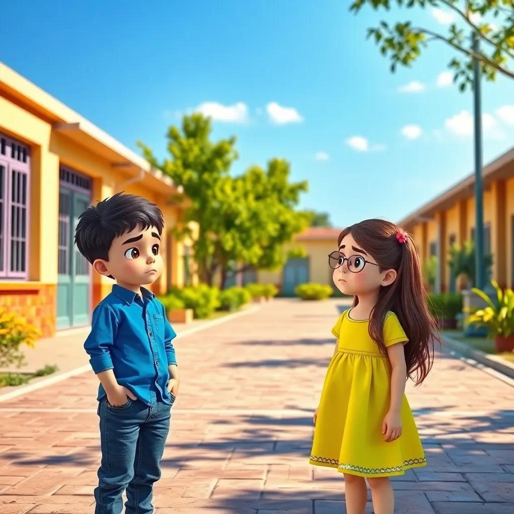 A sunny school yard with two children, Ahmed, an Arab boy with short black hair wearing a blue shirt and jeans, and Dina, an Arab girl with long brown hair wearing a bright yellow dress, talking together with worried expressions, vibrant colors, inviting atmosphere, cheerful setting, high quality