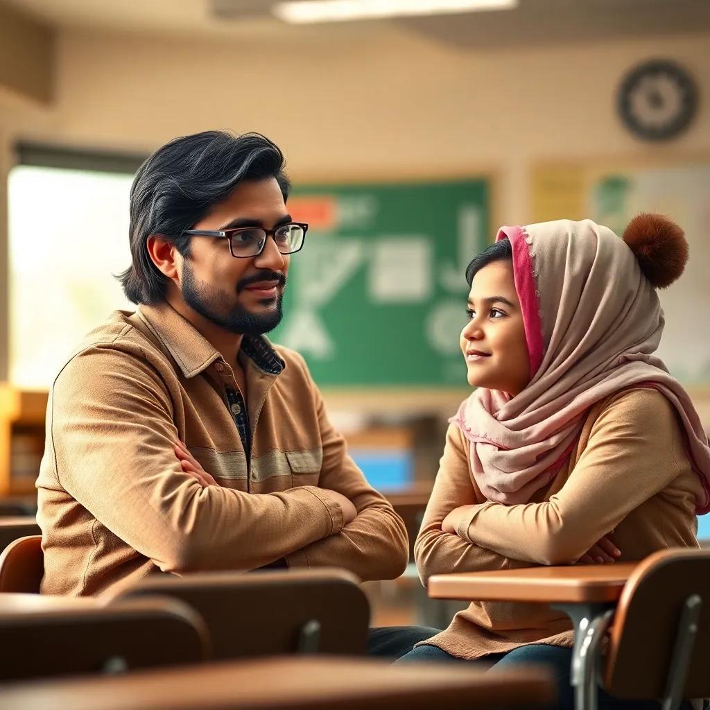 A classroom scene with a kind teacher, a Middle-Eastern man, with medium-length dark hair and glasses, sitting with two children, Ahmed and Dina, discussing about bullying, soft light, warm colors, engaging and supportive environment, high-quality