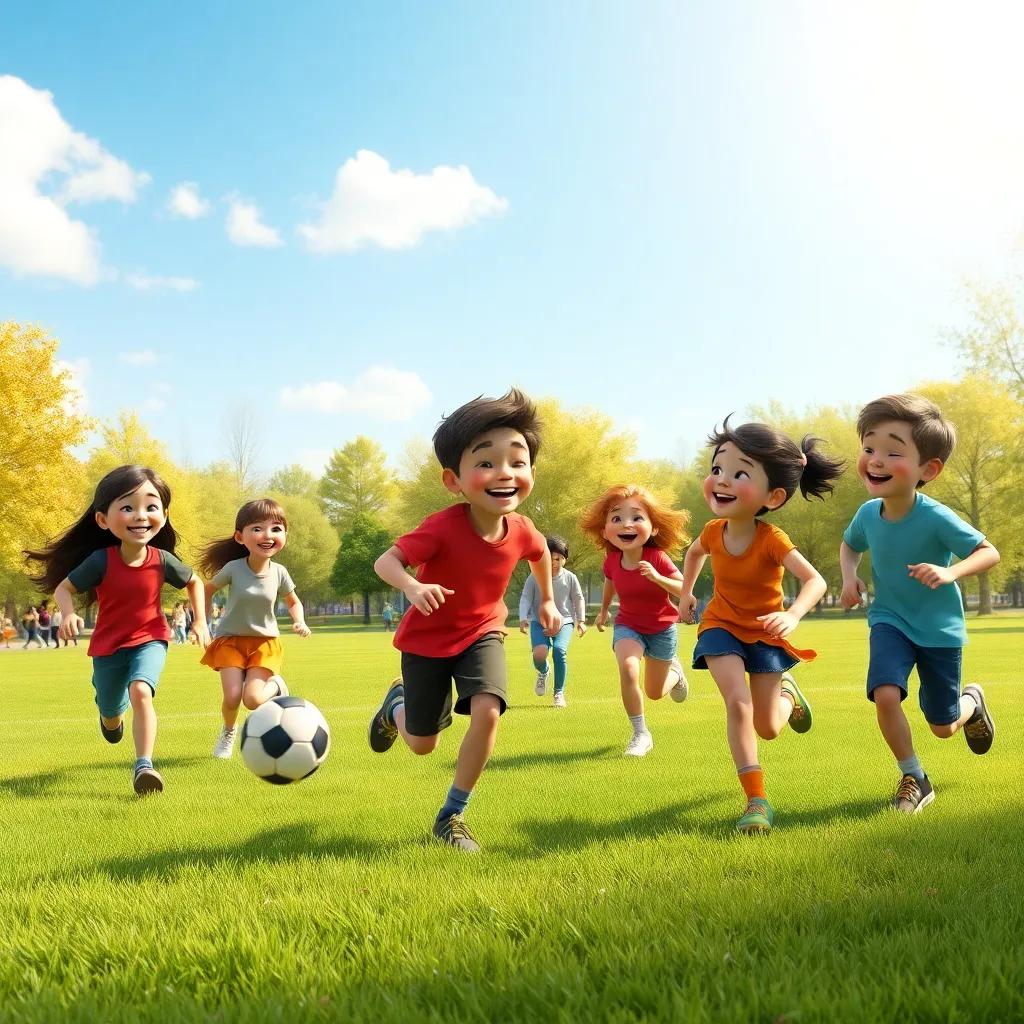 A sunny park with friends playing football, laughter in the air, kids running around, green grass, blue sky, cheerful, digital art, vibrant colors, playful atmosphere, high quality