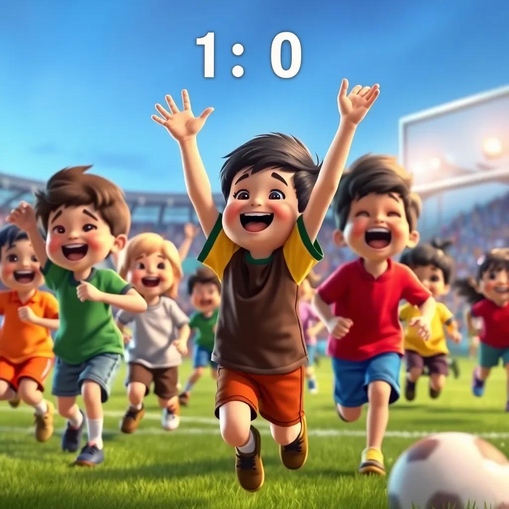 Excited children cheering after a goal, the score is 1-0, a boy celebrating with raised arms, others running in joy, colorful children's clothing, lively scene, cheerful atmosphere, high quality