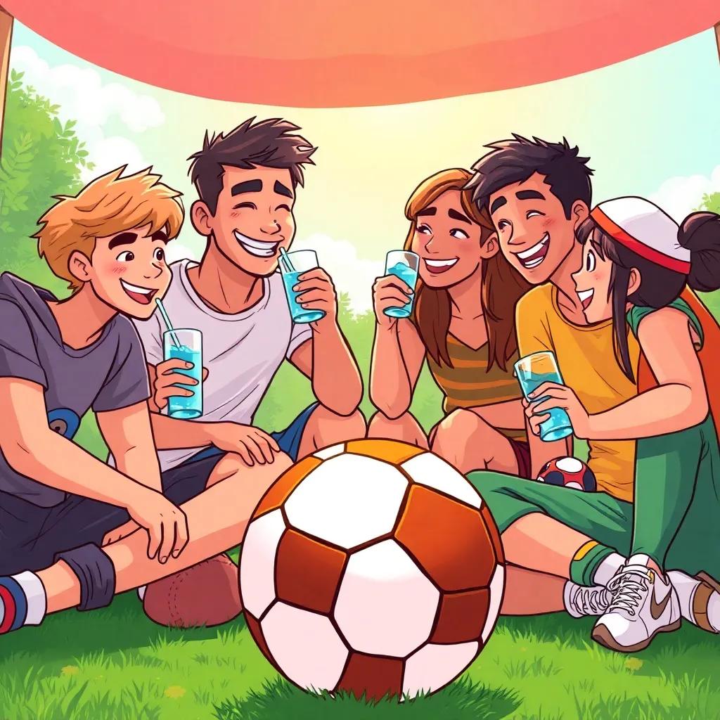 A group of friends sitting together, drinking water and chatting, a football on the ground, smiles on their faces, sun shining, friendly atmosphere, colorful backgrounds, detailed illustration