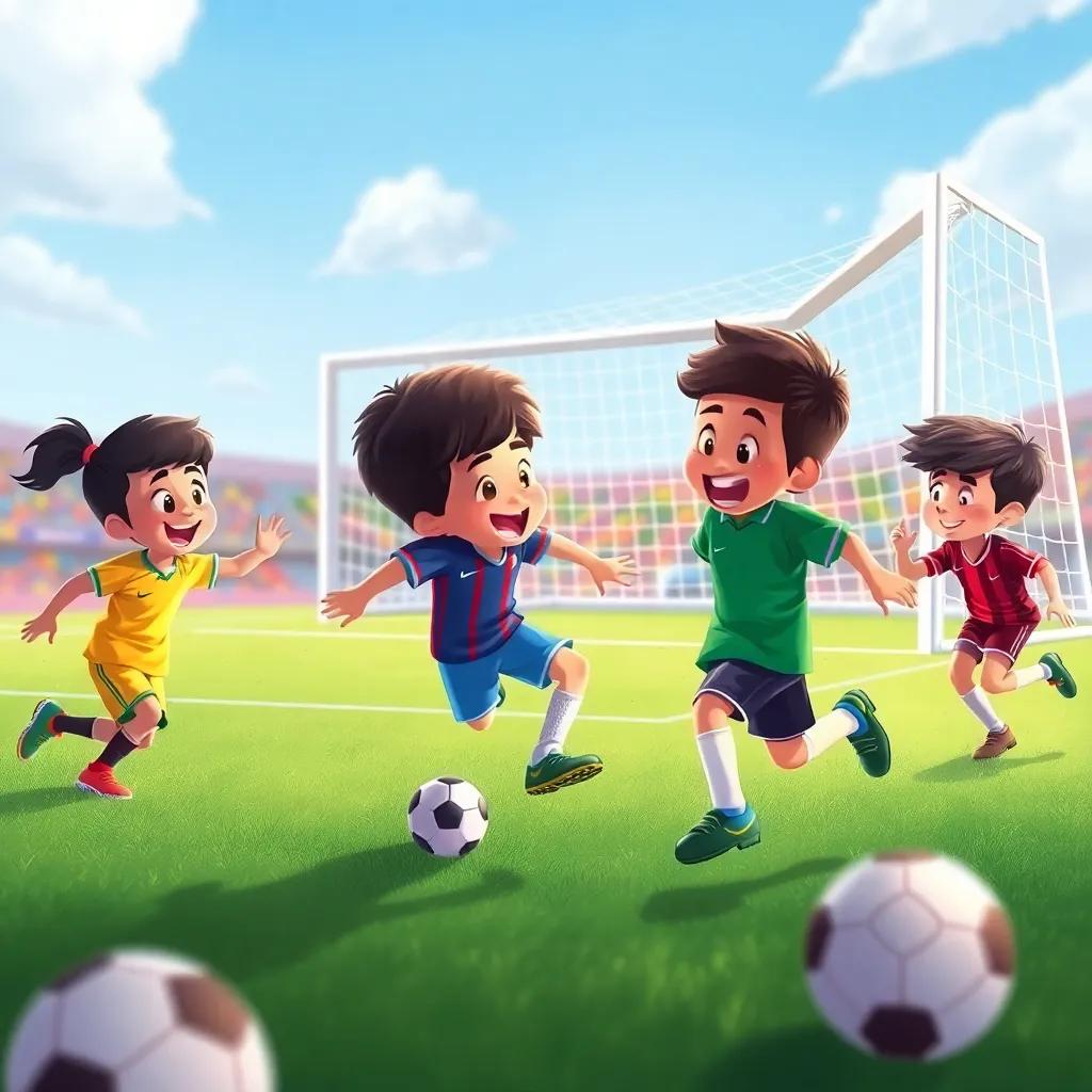 A football match in progress, kids playing energetically, vibrant colors of jerseys, the goal looks exciting, action-packed scene, cheerful vibe, digital illustration