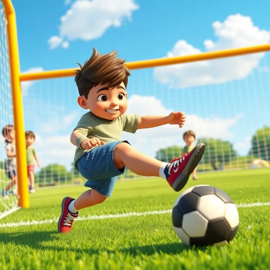 A kid kicking the ball towards the goal, determination on his face, other kids watching, a sunny day, vibrant scene, dynamic action, bright colors