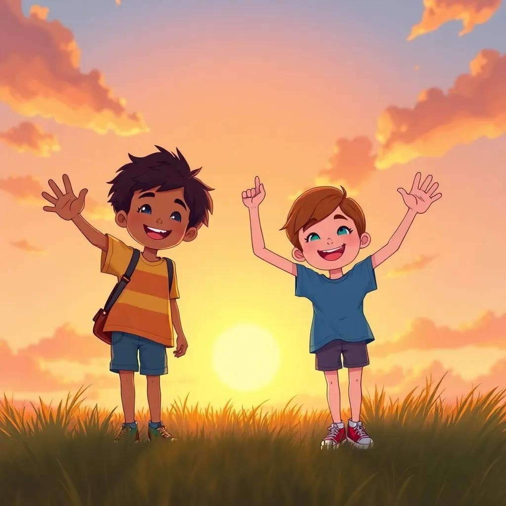 An illustration of cheerful friends waving goodbye, the sun setting, the sky painted in warm colors, a promise to play again, joyful expressions, detailed artwork, high quality