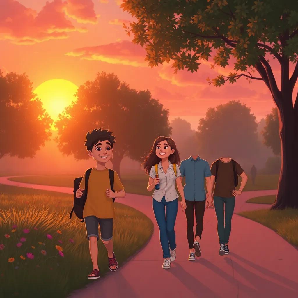 A beautiful sunset in the park, friends walking home, smiles on their faces, relaxed atmosphere, warm tones, end of a fun day, digital art, heartwarming scene.