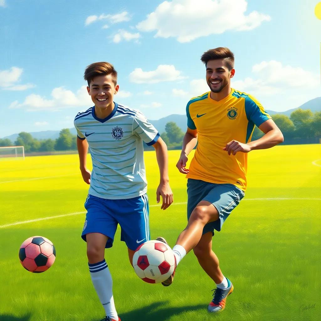 A sunny football field with two friends playing, one is a 19-year-old Turkish boy, Arda, with a slim, fair body, short brown hair, smiling joyfully. The other is a 24-year-old Brazilian boy, Rodrigo, with strong genes and a sunny smile, dribbling the ball, digital art, vibrant colors, lively atmosphere, high quality