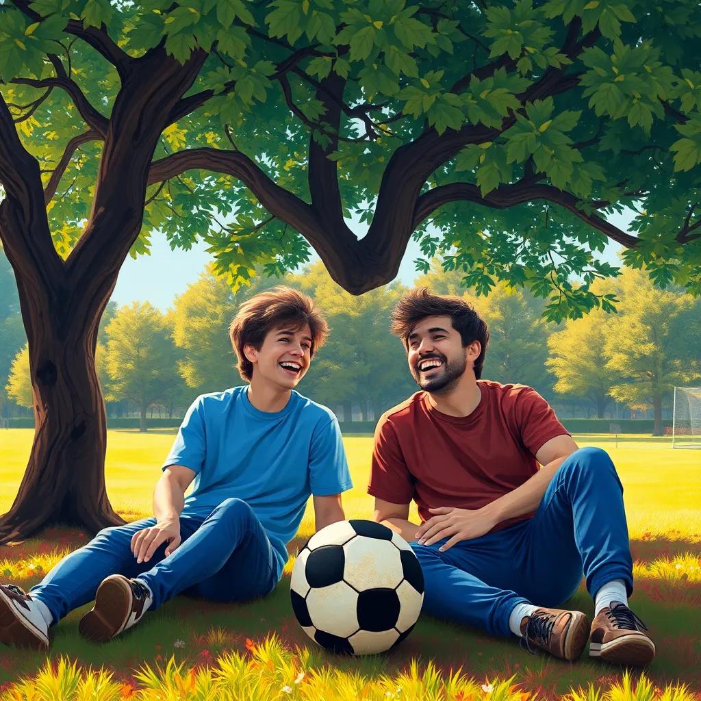 Arda and Rodrigo sitting under a big tree after playing football, both laughing and relaxing, with a peaceful park in the background, digital painting, warm light, cheerful scene, high detail