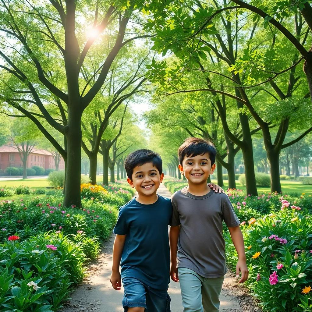 A beautiful park with green trees and flowers, two boys, Omar and Ali, smiling and walking together, with sunlight filtering through the leaves, digital art, vibrant colors, cheerful atmosphere, child-friendly