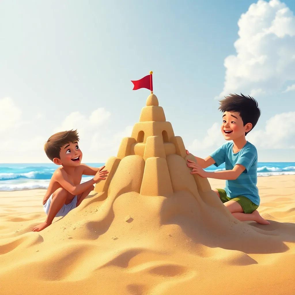 A sunny beach with golden sand, two boys, Omar and Ali, building a large sandcastle together, laughing and encouraging each other, illustration, bright colors, fun and lively scene, high quality