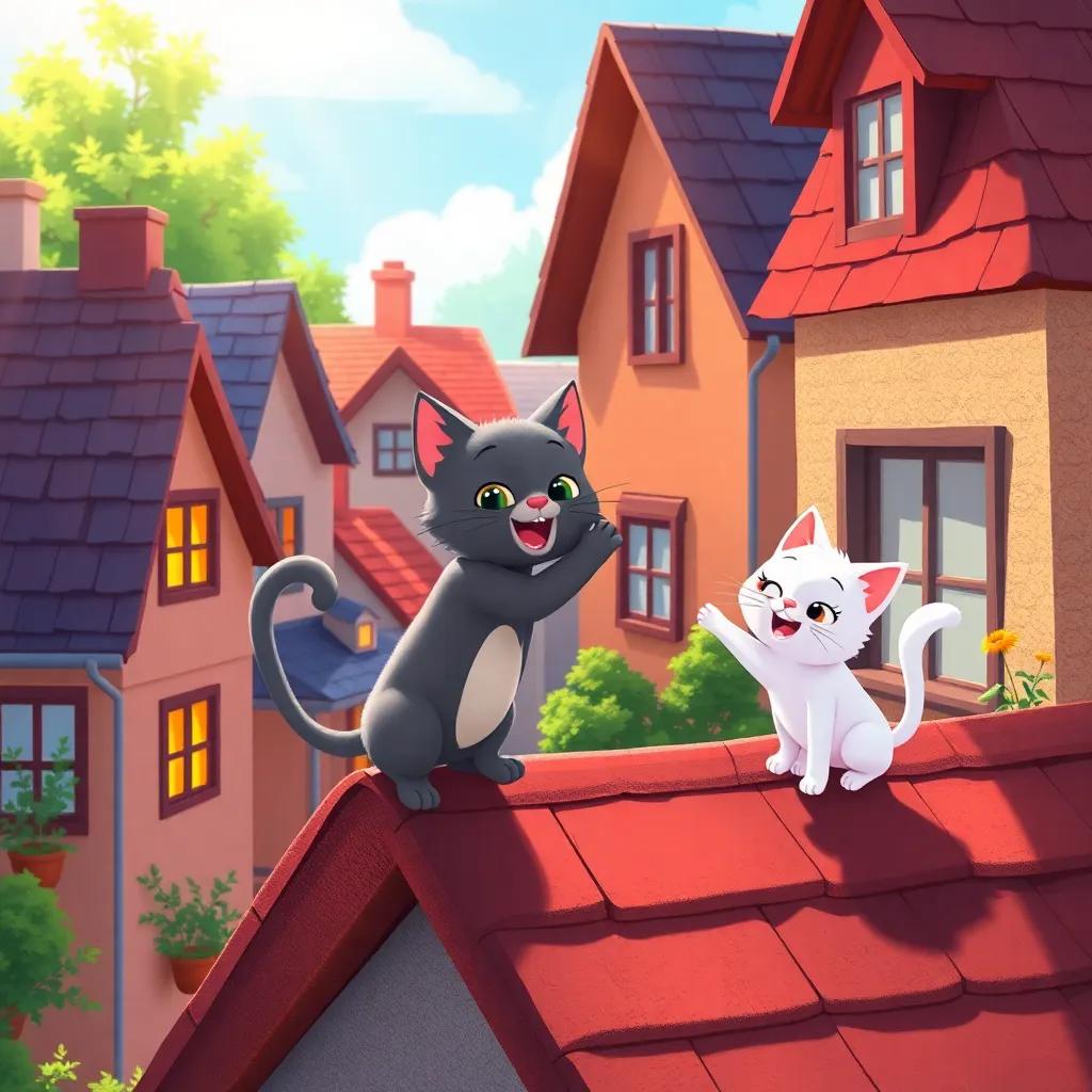 A small neighborhood with a warm atmosphere, featuring a gray cat named Tutu and a white cat named Lulu playing on a rooftop, sunshine pouring down, cheerful, vibrant colors, lively scene, digital art