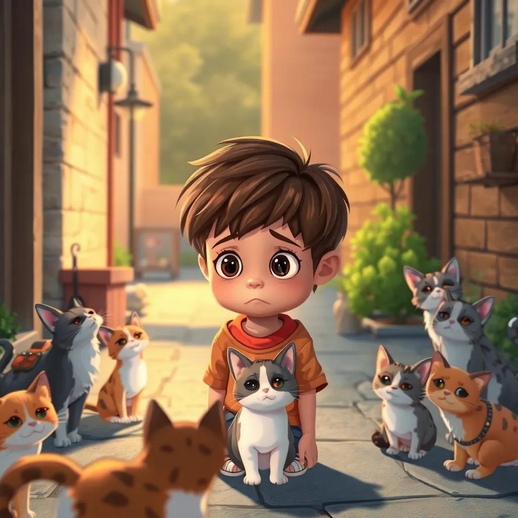 A worried child with brown hair, looking around in the neighborhood for his lost cat, surrounded by playful stray cats, with a hopeful expression, warm light, heartwarming moments, illustration