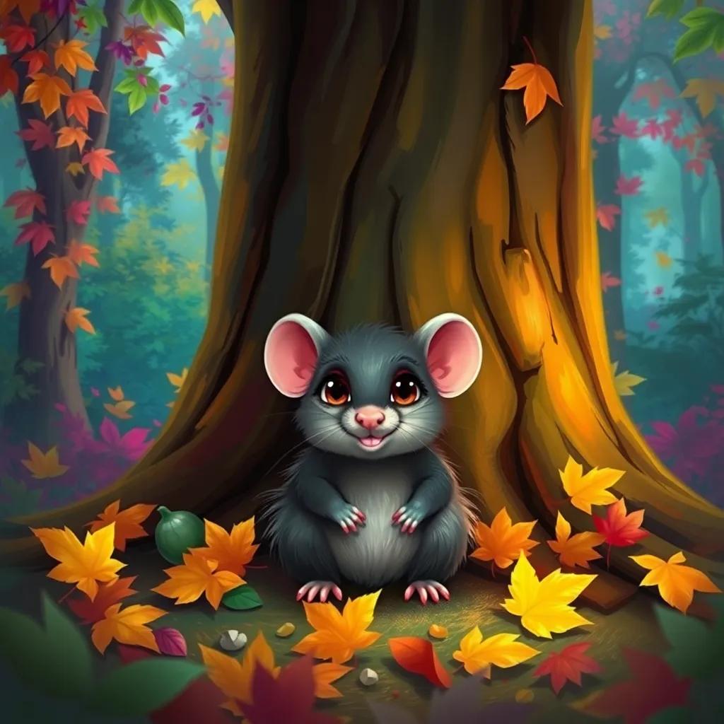 A small rat, Rami, with fluffy fur and big eyes, sitting at the base of a large tree in a vibrant forest, colorful leaves around, friendly expression, digital art, warm and inviting colors, playful atmosphere, high quality