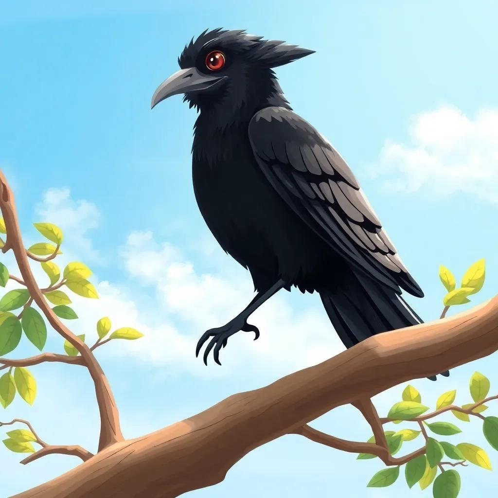 A large crow, Gharib, with shiny black feathers, perched on a tree branch above Rami, a sunny day with bright blue skies, cheerful ambiance, illustration, fun and engaging, child-friendly, high quality