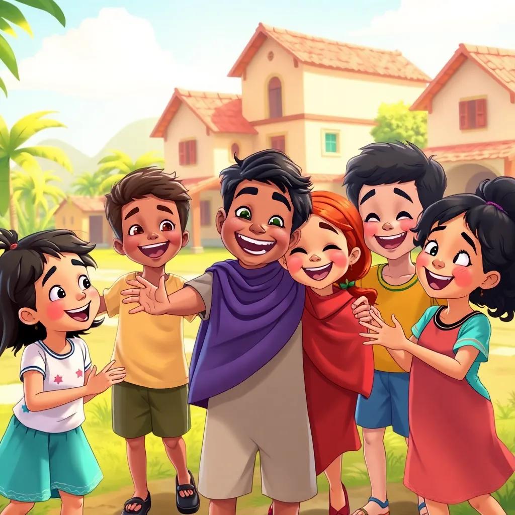 A group of diverse children playing together in a sunny village, with Ali smiling and gesturing, displaying joy and friendship, illustration, colorful, vibrant atmosphere, cheerful tone
