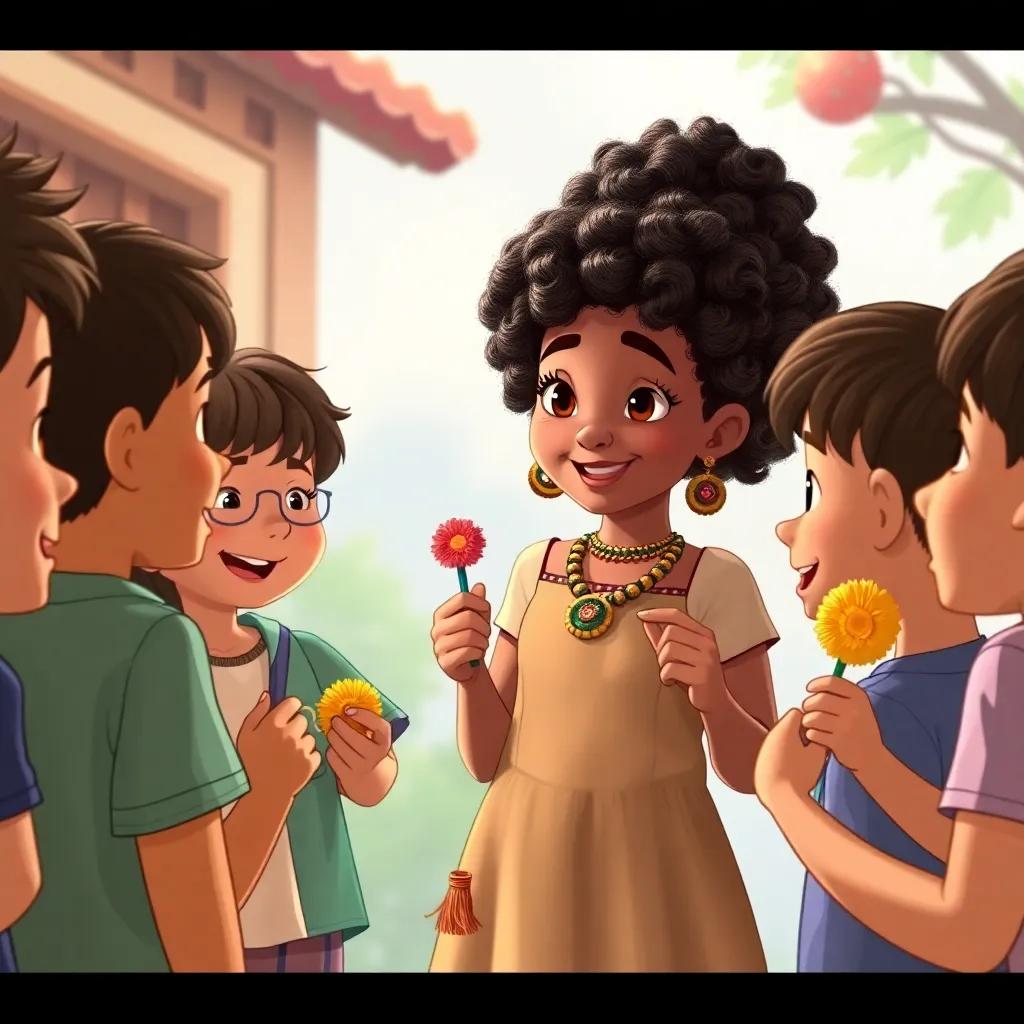 A joyful scene of children gathered around Lily, who has curly hair, sharing about her culture while holding symbols of her festival, detailed, friendly, engaging perspective