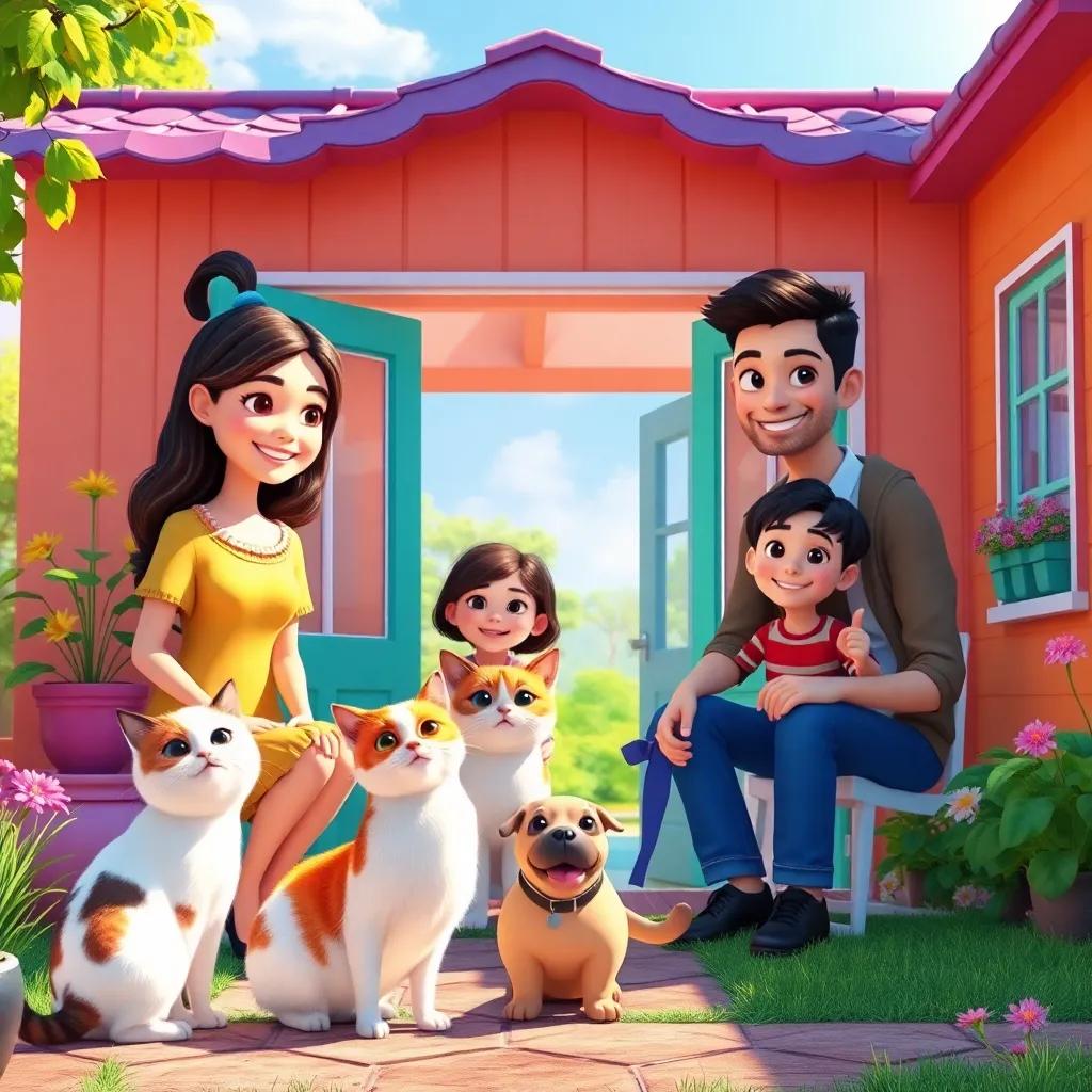 A beautiful family in a colorful house, with children and two cats, a playful dog in the background, bright sunny day, cheerful atmosphere, digital art, vibrant colors, happy scene, heartwarming