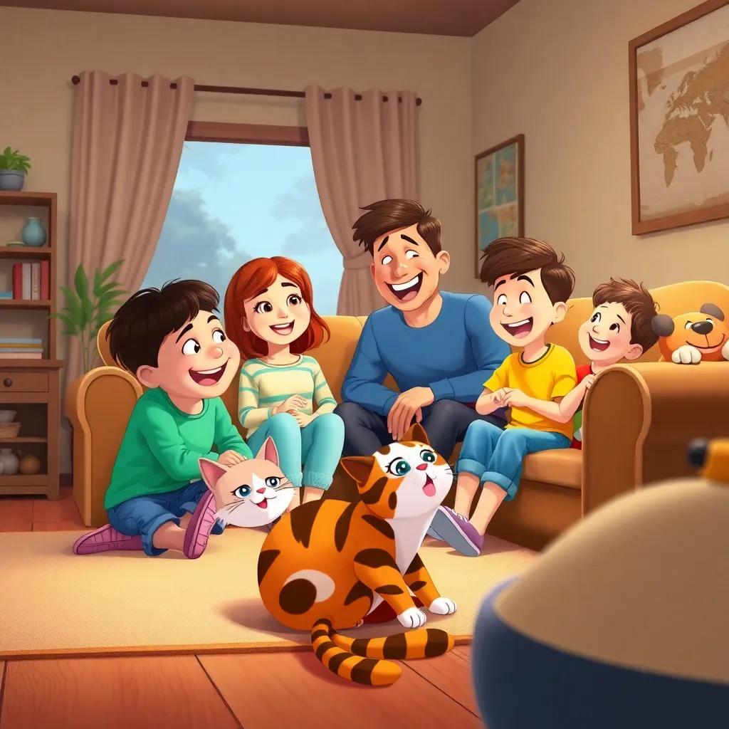 The family playing together in the living room, kids laughing, the cat named Rose on the floor and Taiger on the couch, cozy setting, warm light coming from the window, illustrating joyfulness and unity, illustration, friendly, fun