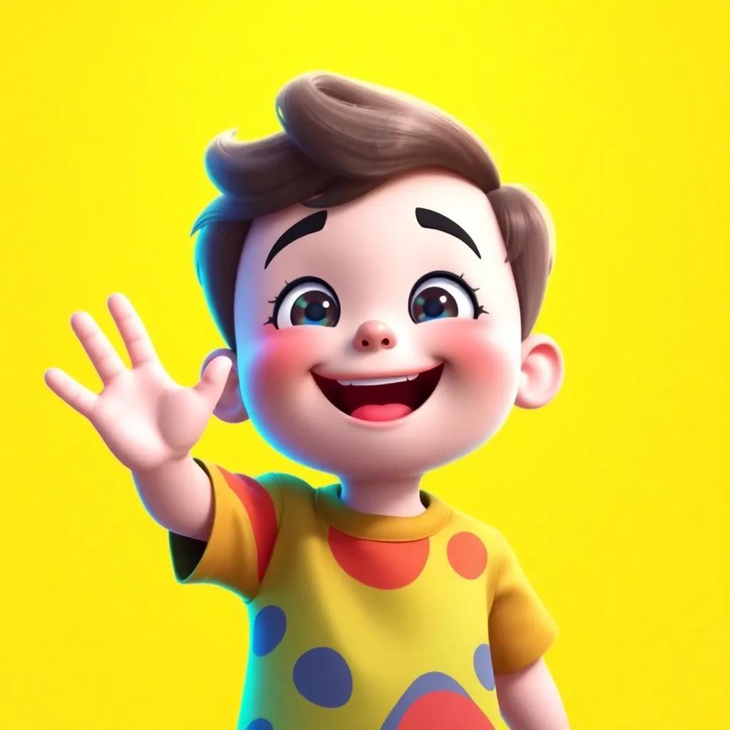 A cheerful cartoon boy with bright, animated features and a colorful shirt, waving his hand excitedly under a bright yellow background, digital art, vibrant colors, inviting atmosphere, high quality