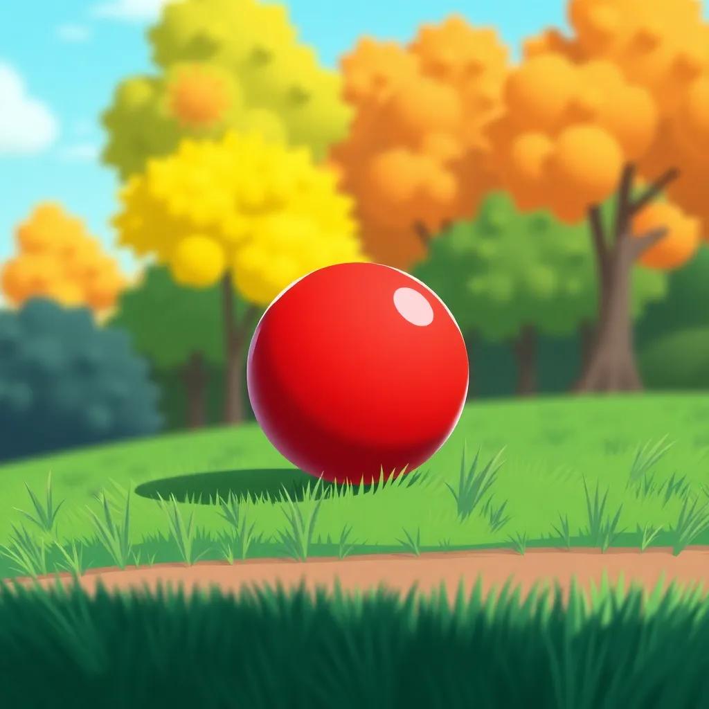 A bright red ball rolling on green grass, with trees in the background and a blue sky, colorful, cheerful, child-friendly illustration, high quality