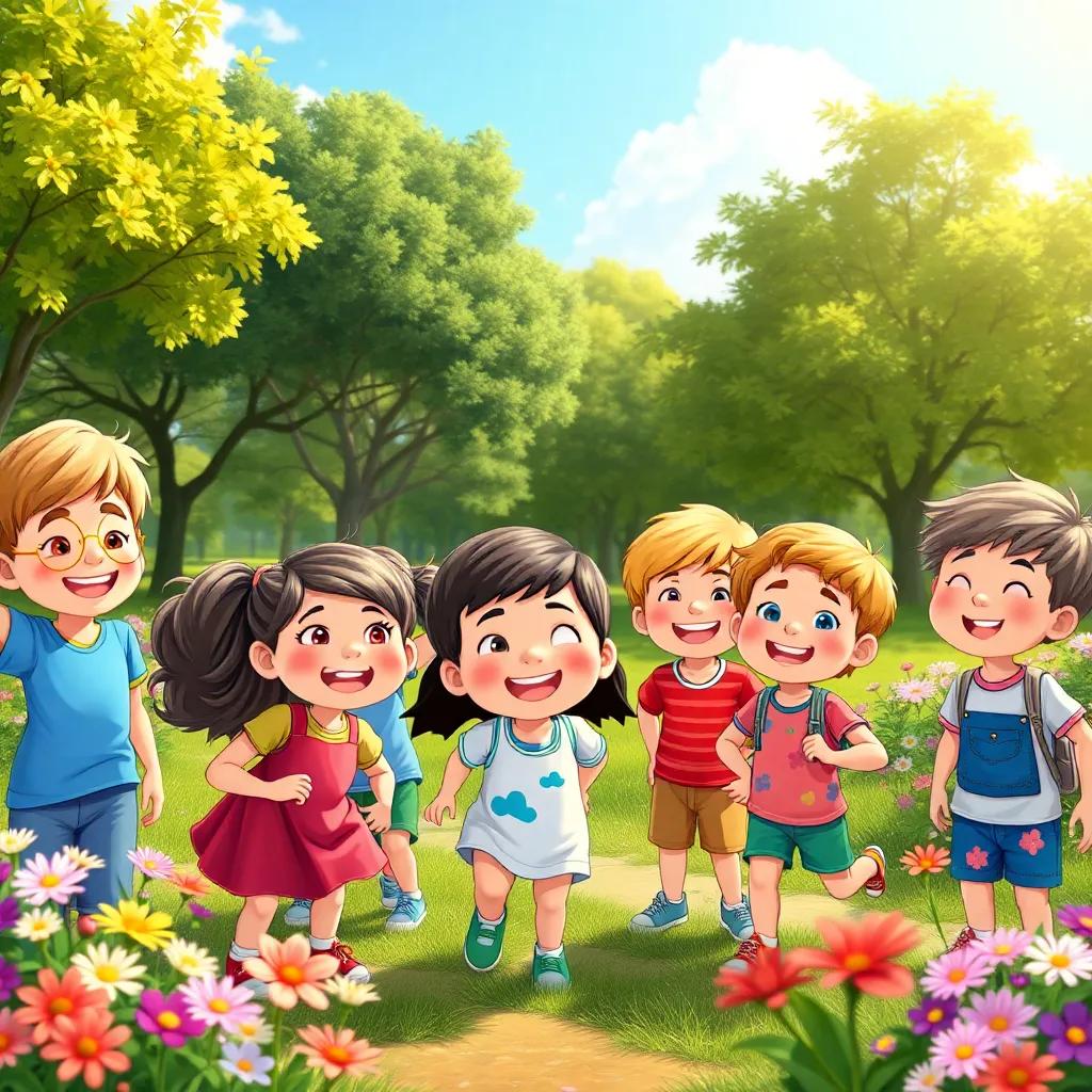A cheerful group of children playing outside, with trees and flowers around them, bright sunny day, colorful scenery, engaging atmosphere, digital art, high quality, vibrant colors, joyful perspective
