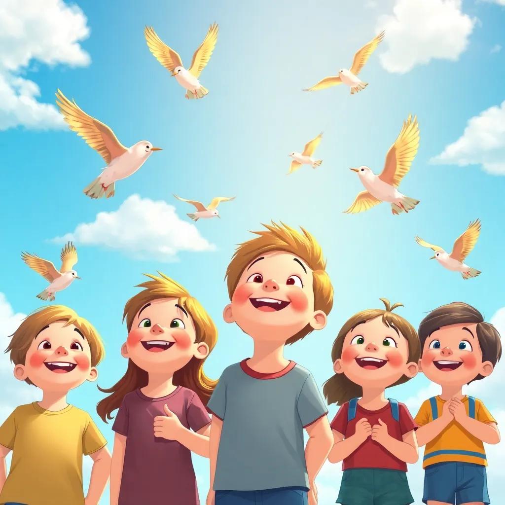 A group of happy children watching birds in the sky, with smiles on their faces, bright blue sky with fluffy clouds, nature theme, illustration, warm lighting, child-friendly style