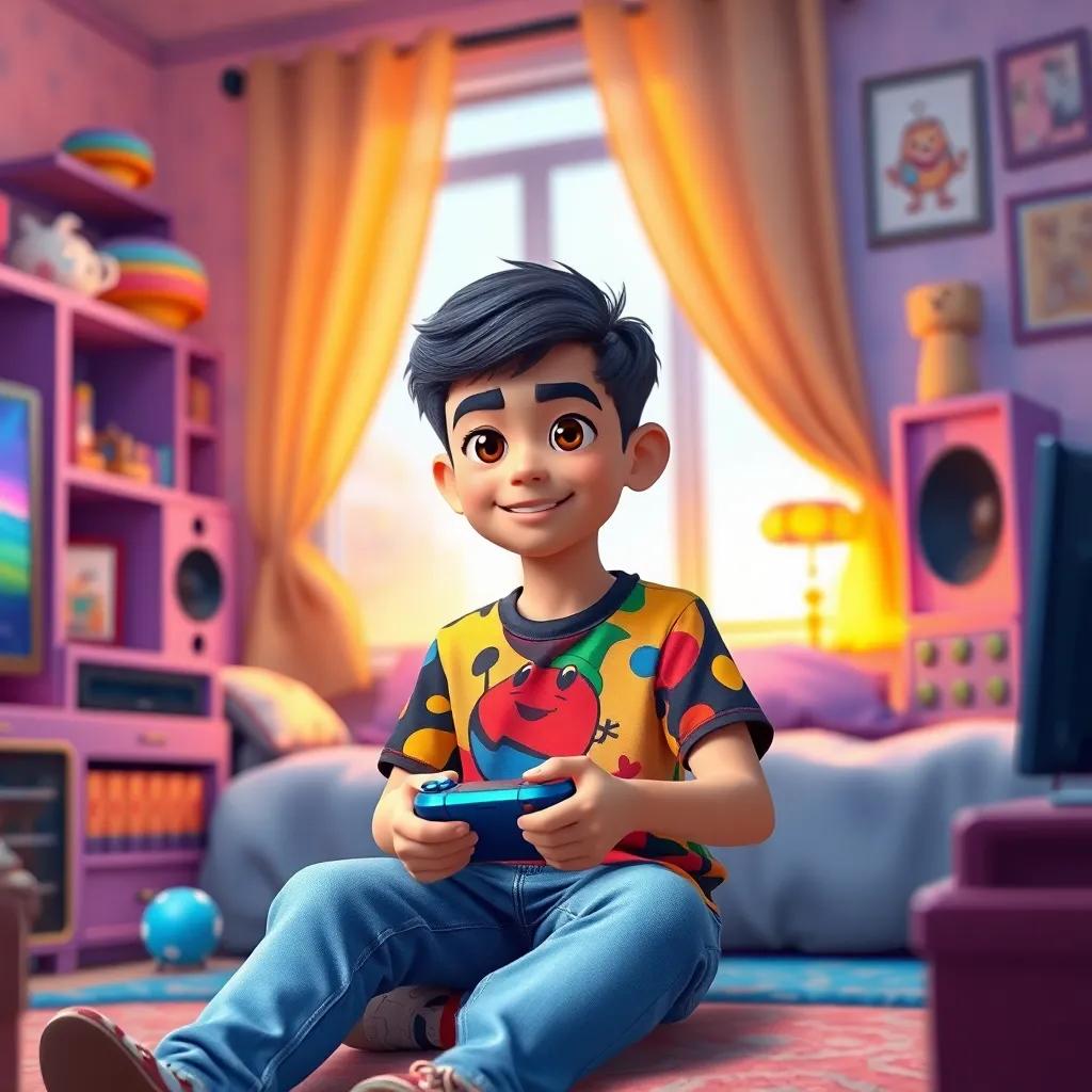 A young Arab boy, Aseel, with short black hair, wearing a colorful T-shirt and jeans, sitting in his room with a game console, cheerful atmosphere, digital art, bright colors, cozy lighting, high quality