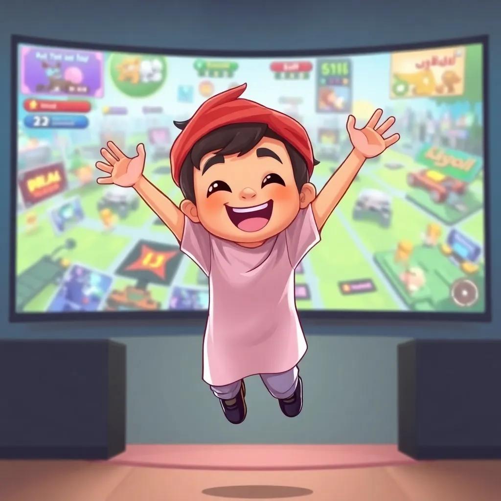 Aseel, a young Arab boy, jumping with joy in front of his gaming screen, background filled with colorful game graphics, expression of excitement, illustration, vibrant colors, playful mood, child-friendly